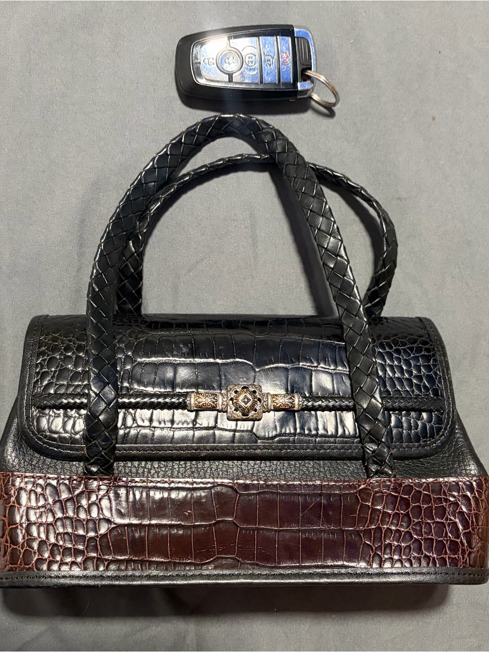 Brighton Black & Brown Croc-Embossed Braided-Handle Satchel